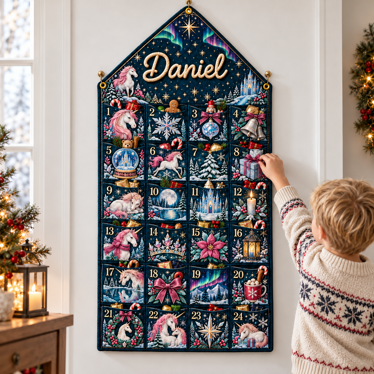 Custom Name Embroid Christmas Advent Calendar Unicorn Magic Hanging Pocket Tapestry