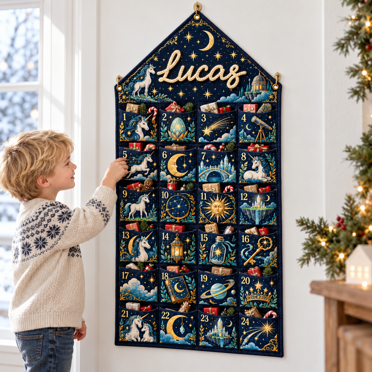Custom Name Embroid Christmas Advent Calendar Unicorn Celestial Wall Hanging Pocket