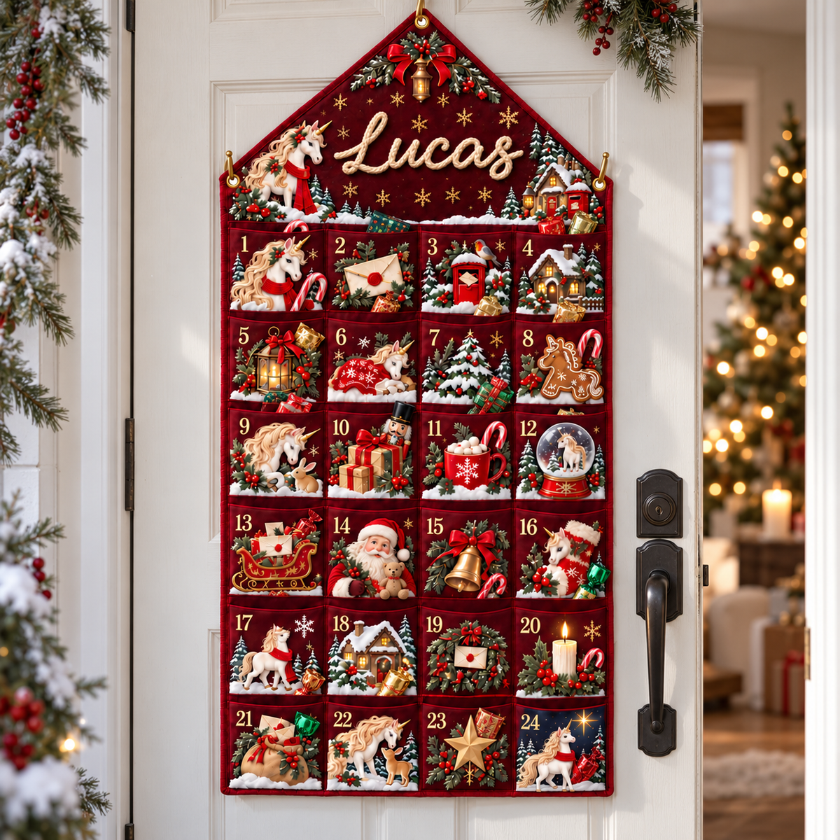 Custom Name Embroid Christmas Advent Calendar Unicorn Festive Wall Hanging Pocket
