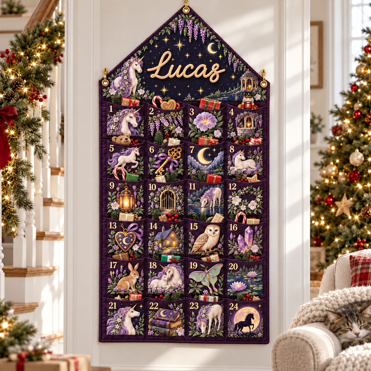 Custom Name Purple Embroid Christmas Advent Calendar Unicorn Wall Hanging Pocket