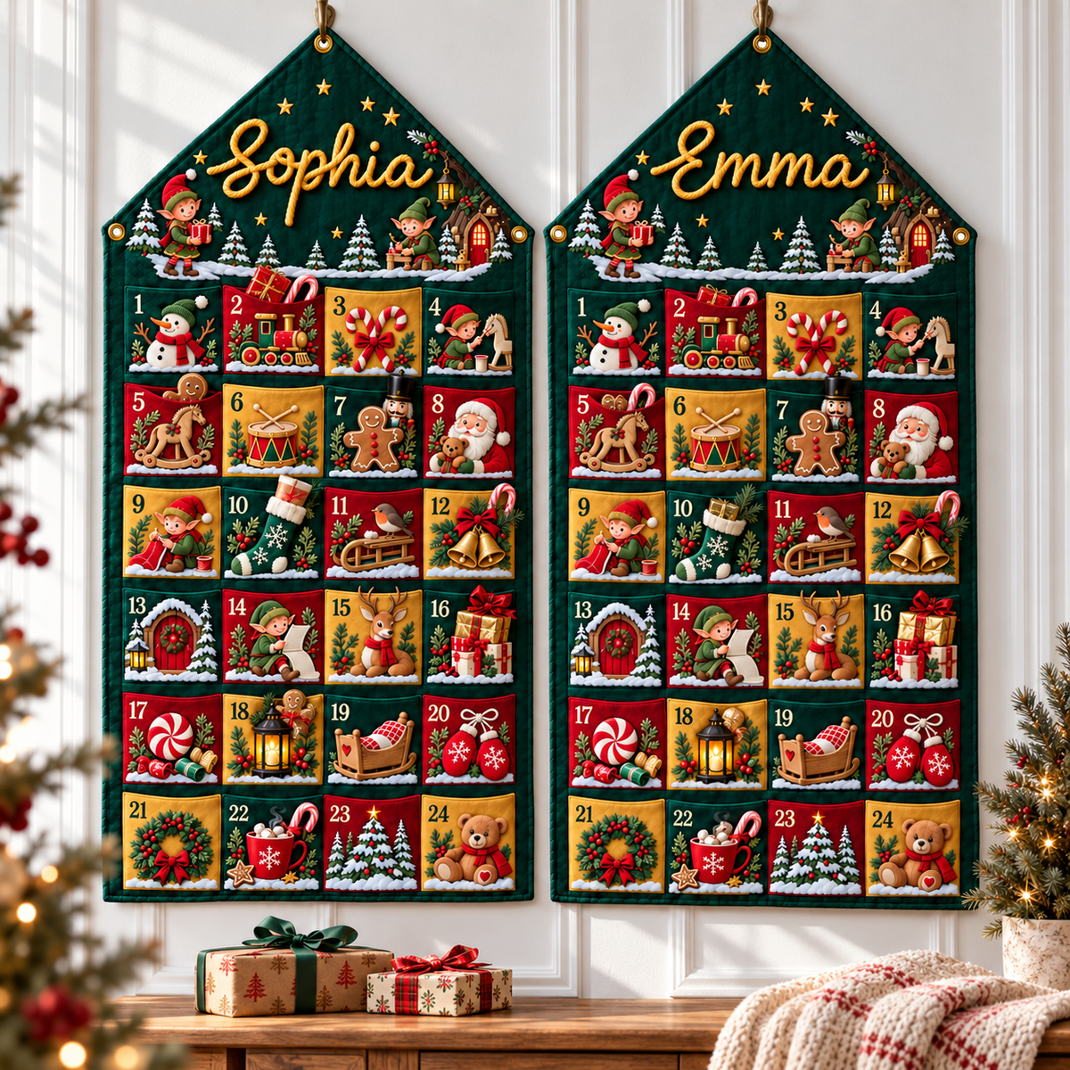 Custom Name Green Embroid Christmas Advent Calendar Elf Santa Wall Hanging Pocket