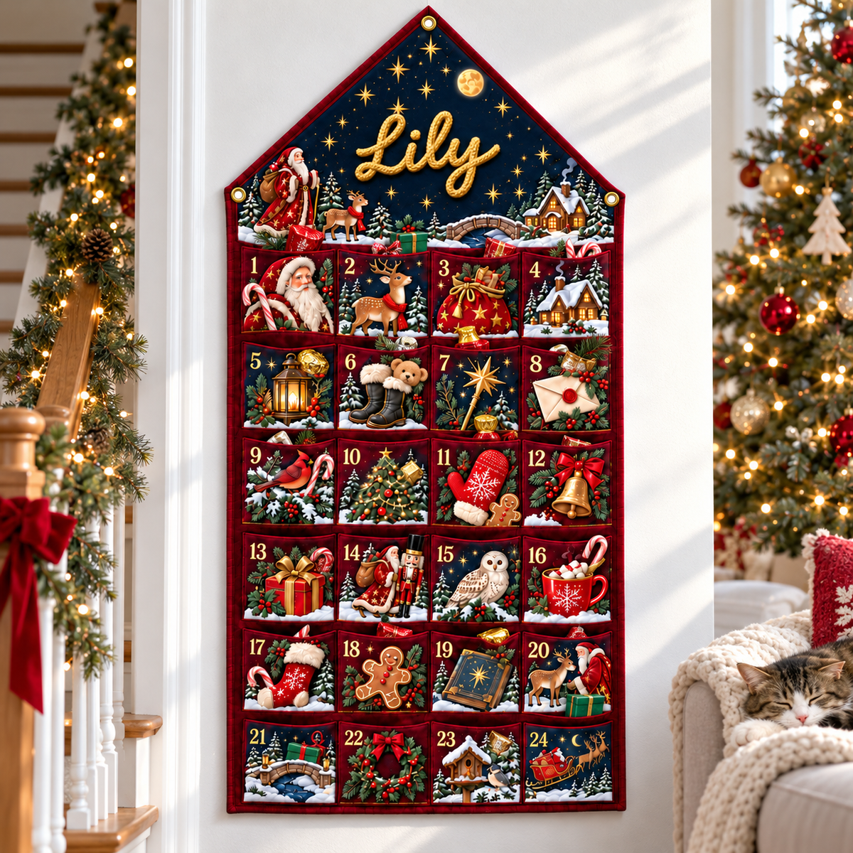 Custom Name Burgundy Embroid Christmas Advent Calendar Santa Reindeer Hanging Pocket