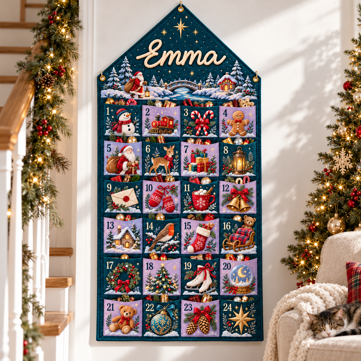 Custom Name Teal Embroid Christmas Advent Calendar Festive Snowman Wall Hanging Pocket