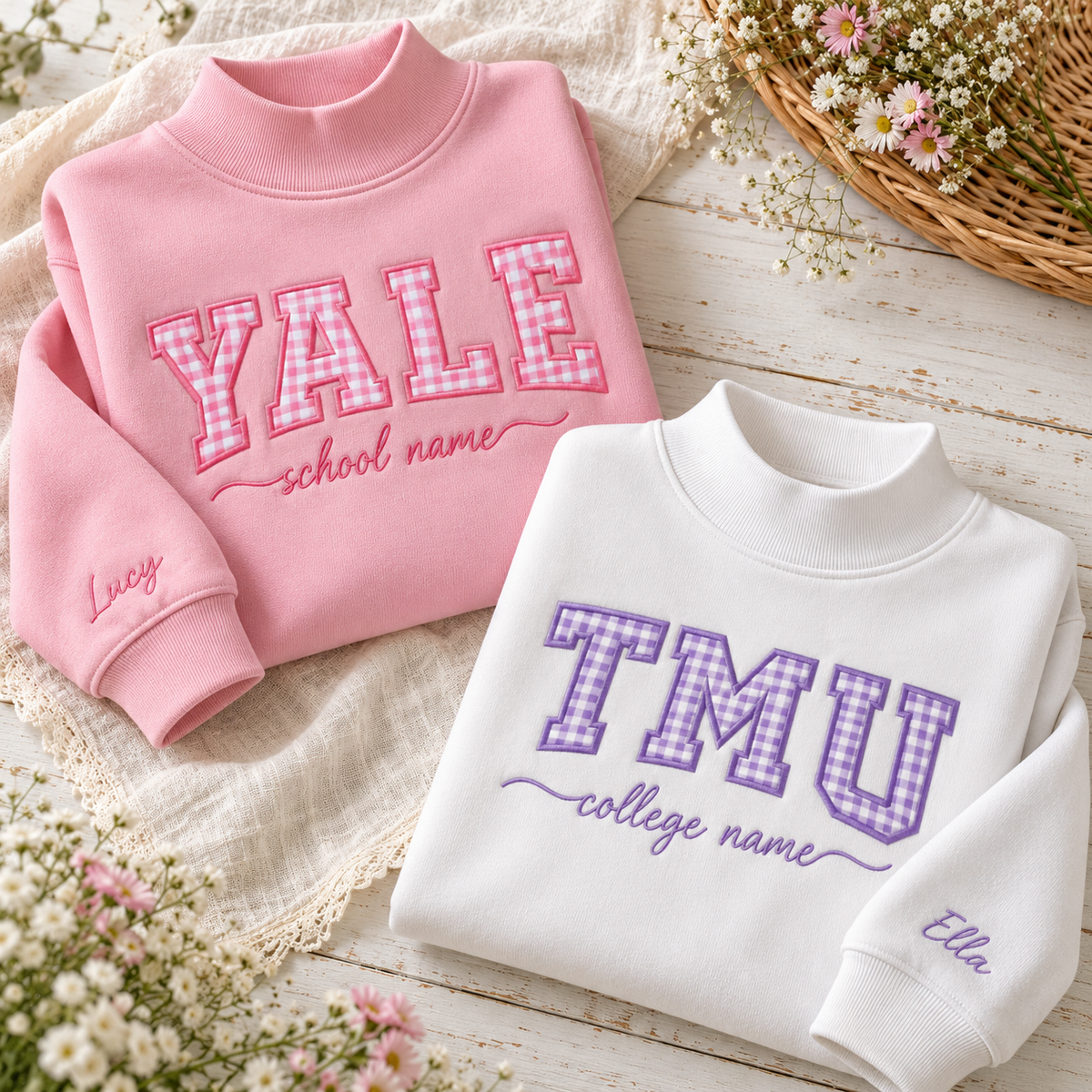 Custom University Mockneck Sweatshirt Plaid Collar Custom College Sleeve Name Pullover
