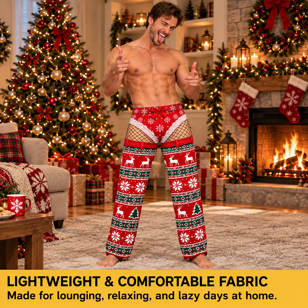 Custom Christmas Reindeer Snowflake Funny Pajamas Open Back Chaps Loungewear Pants