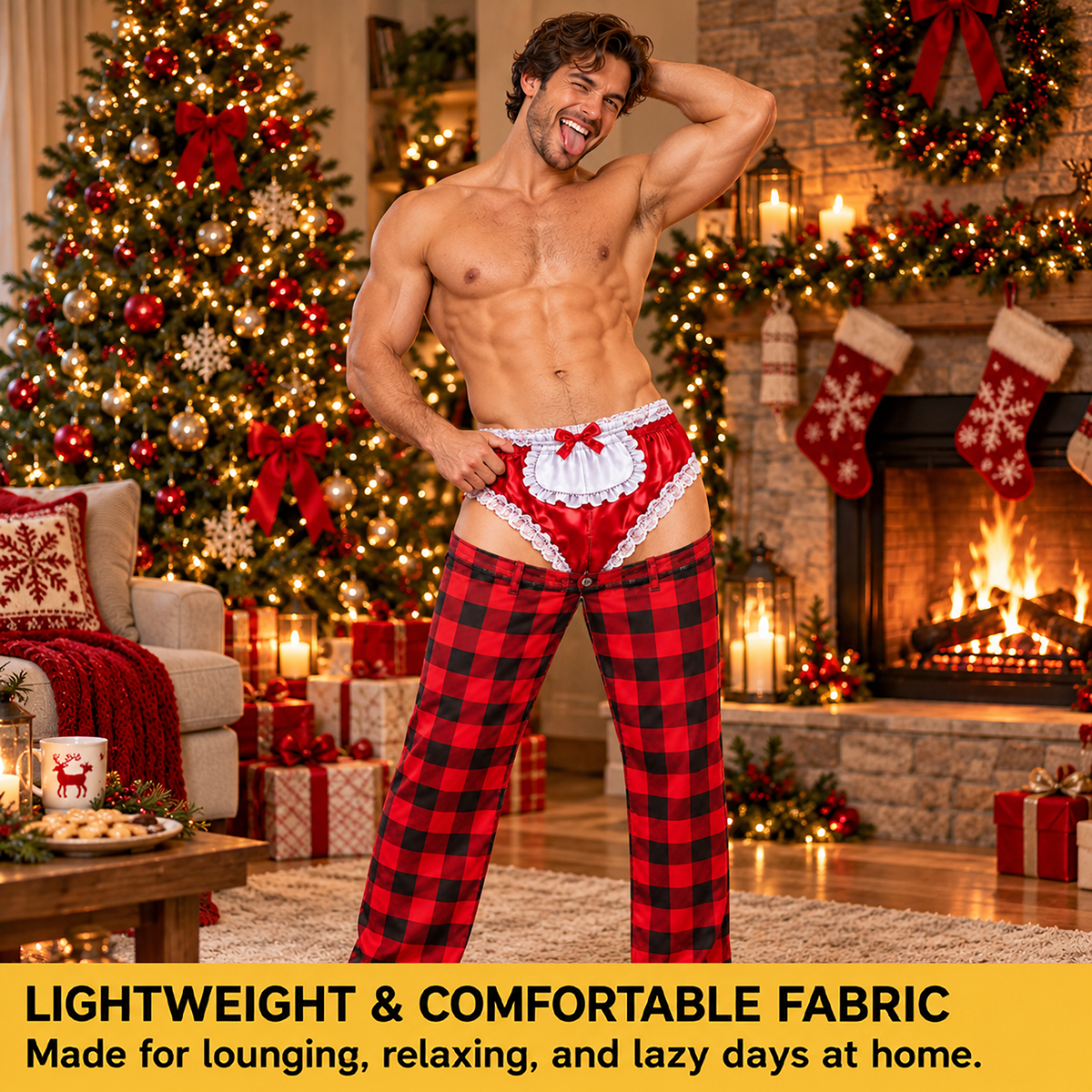 Custom Christmas Plaid Buffalo Check Funny Pajamas Open Back Chaps Loungewear Pants