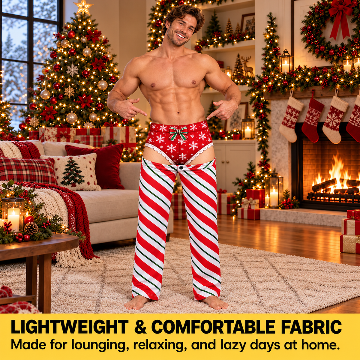 Custom Christmas Candy Cane Snowflake Funny Pajamas Open Back Chaps Loungewear Pants