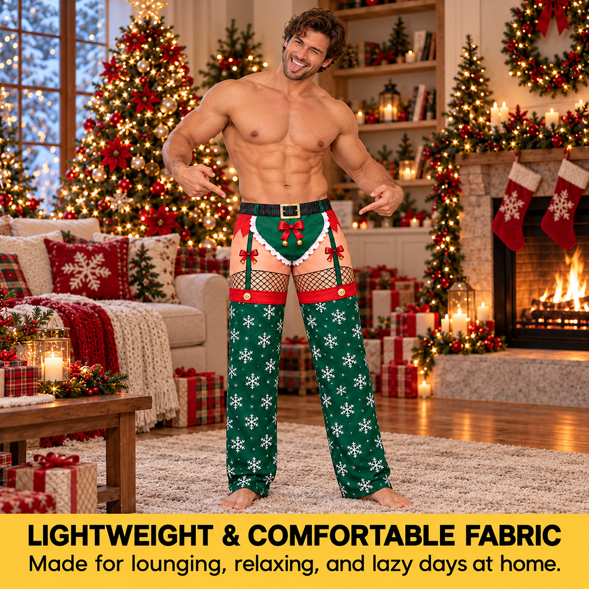 Custom Christmas Elf Snowflake Bow Bell Funny Pajamas Open Back Chaps Loungewear Pants