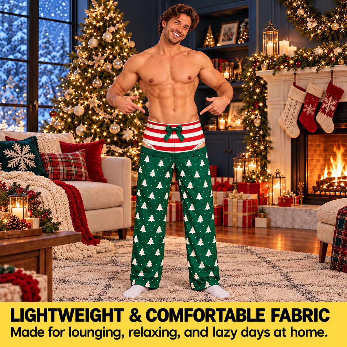 Custom Christmas Tree Striped Ribbon Bow Ho Ho Ho Men Pajama Pants Sleepwear Bottoms