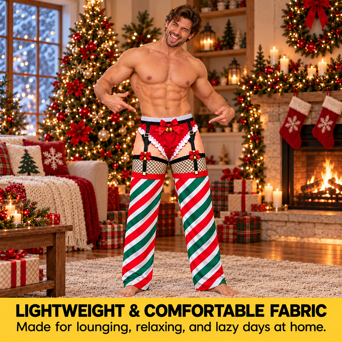 Custom Christmas Candy Cane Striped Garter Fishnet Men Pajama Pants Sleepwear Bottoms