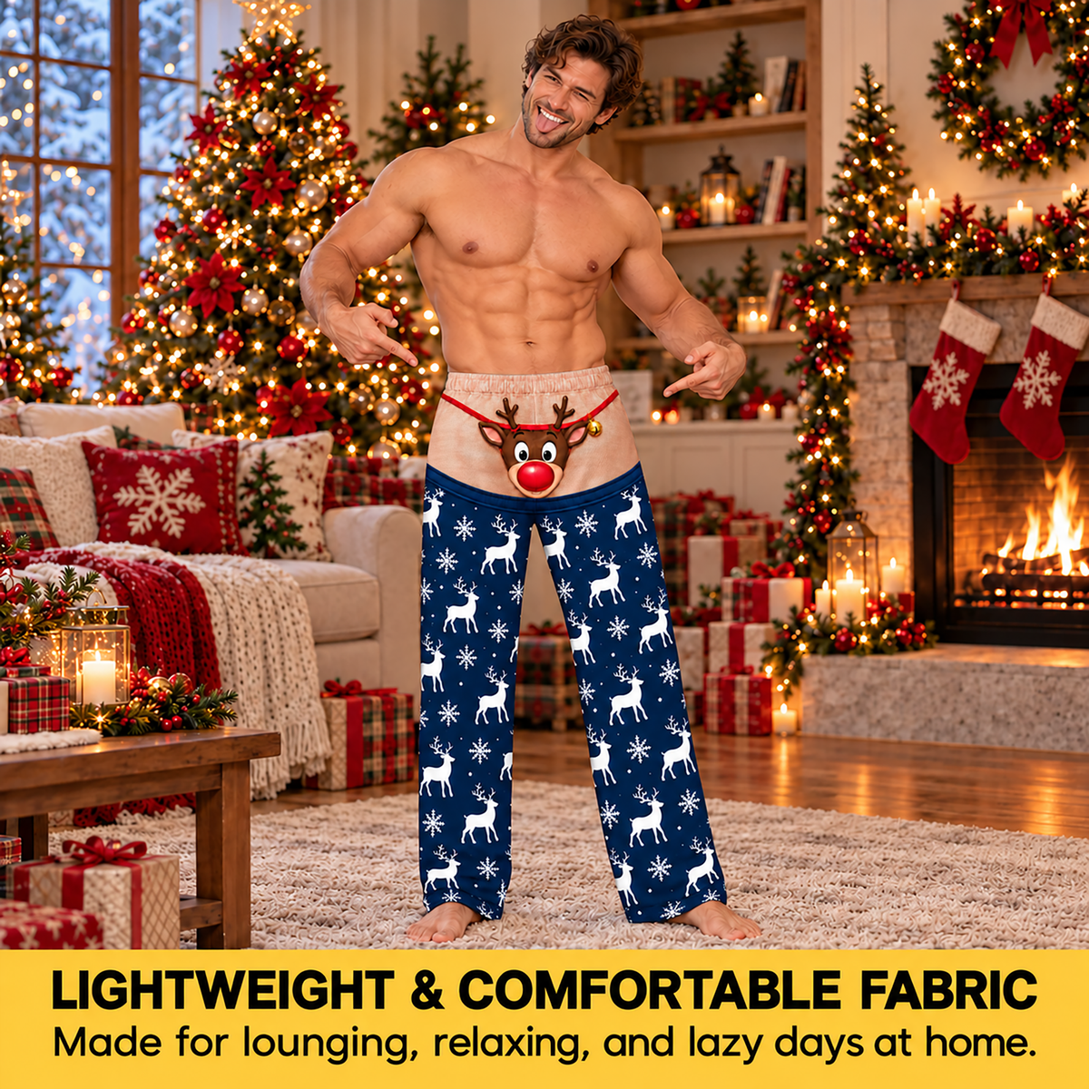 Custom Christmas Reindeer Snowflake Nose Tail Thong Men Pajama Pants Sleepwear Bottoms