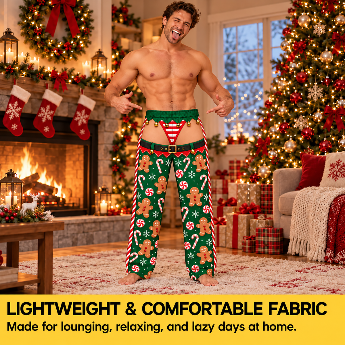 Custom Christmas Gingerbread Man Candy Cane Elf Thong Men Pajama Pants Sleepwear
