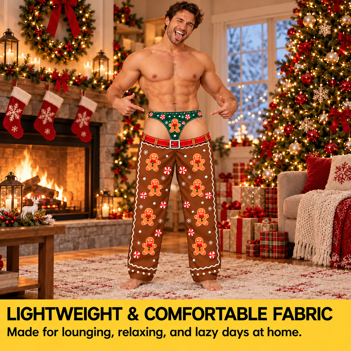 Custom Christmas Gingerbread Cookie Belt Thong Men Pajama Pants Sleepwear Bottoms