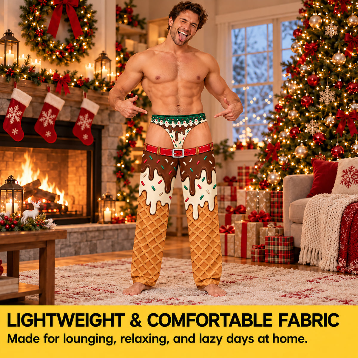 Custom Christmas Waffle Cone Chocolate Sprinkles Thong Men Pajama Pants Sleepwear