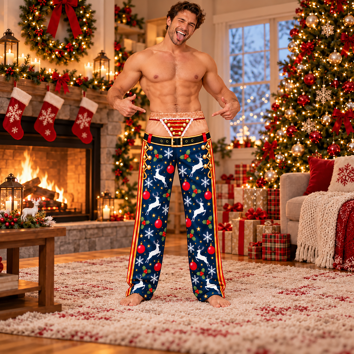 Custom Christmas Nutcracker Reindeer Bauble Thong Men Pajama Pants Sleepwear Bottoms