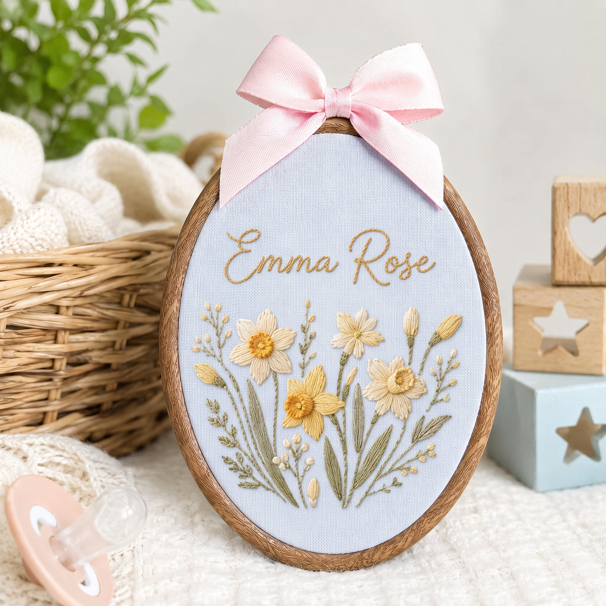 Personalized Yellow Daffodil Gingham Check Embroidery Hoop Art Nursery Decor Keepsake
