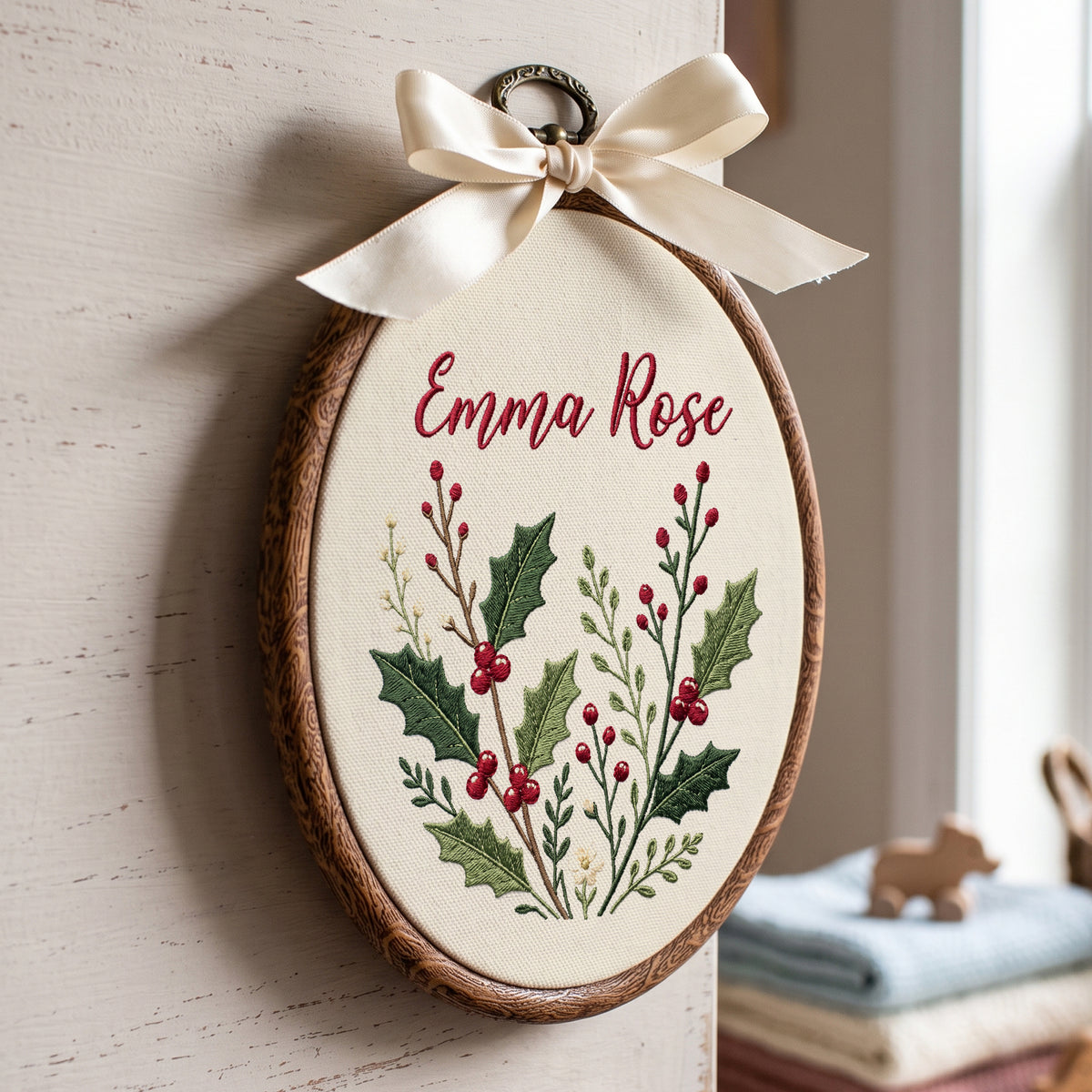 Personalized Baby Name Holly Berries Greenery Leaves Embroidery Hoop Art Nursery Keepsake
