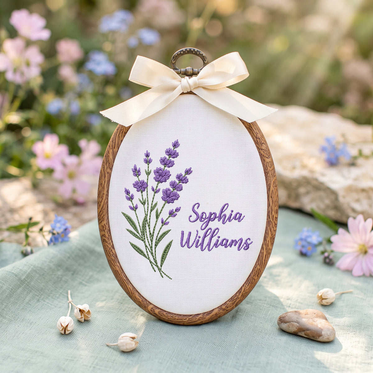 Custom Baby Name Lavender Stems Floral Branches Embroidery Hoop Art Nursery Decor Keepsake