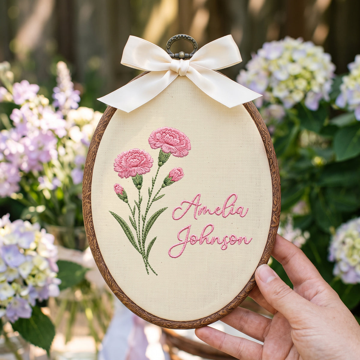 Personalized Baby Name Pink Carnations Floral Stems Embroidery Hoop Art Nursery Keepsake