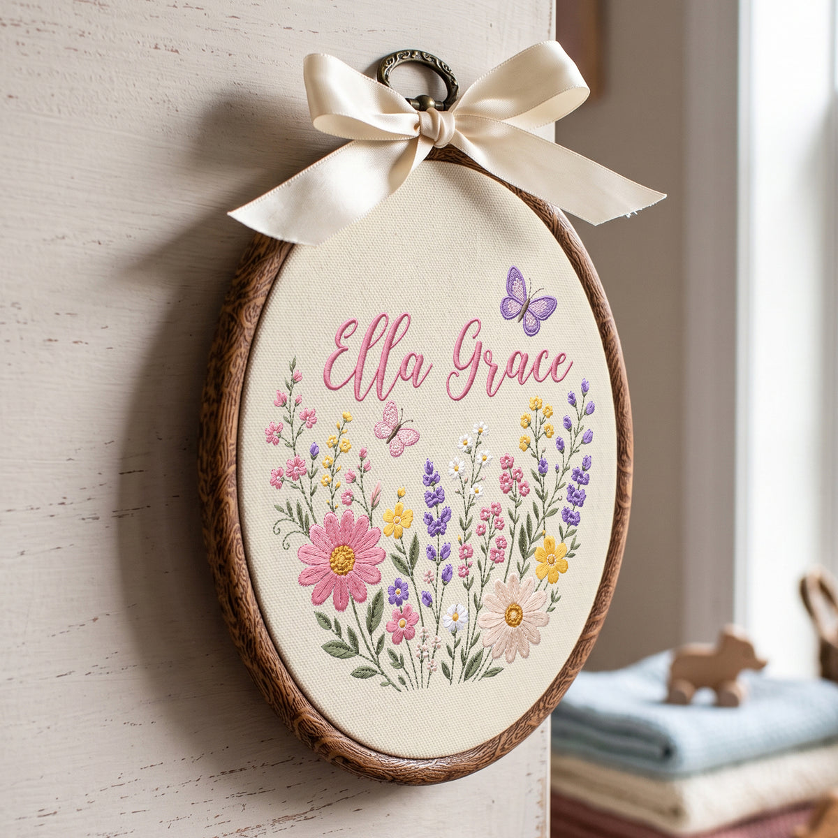 Personalized Baby Name Wildflowers Butterflies Embroidery Hoop Art Nursery Decor Keepsake