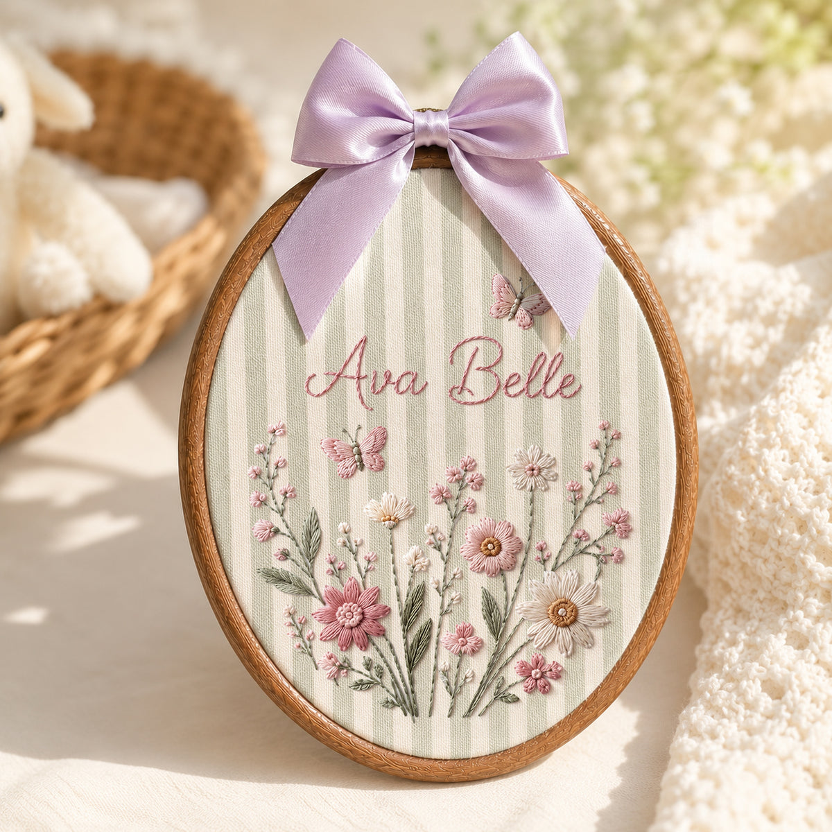 Personalized Blue Wildflowers Butterflies Embroidery Hoop Art Nursery Decor Keepsake
