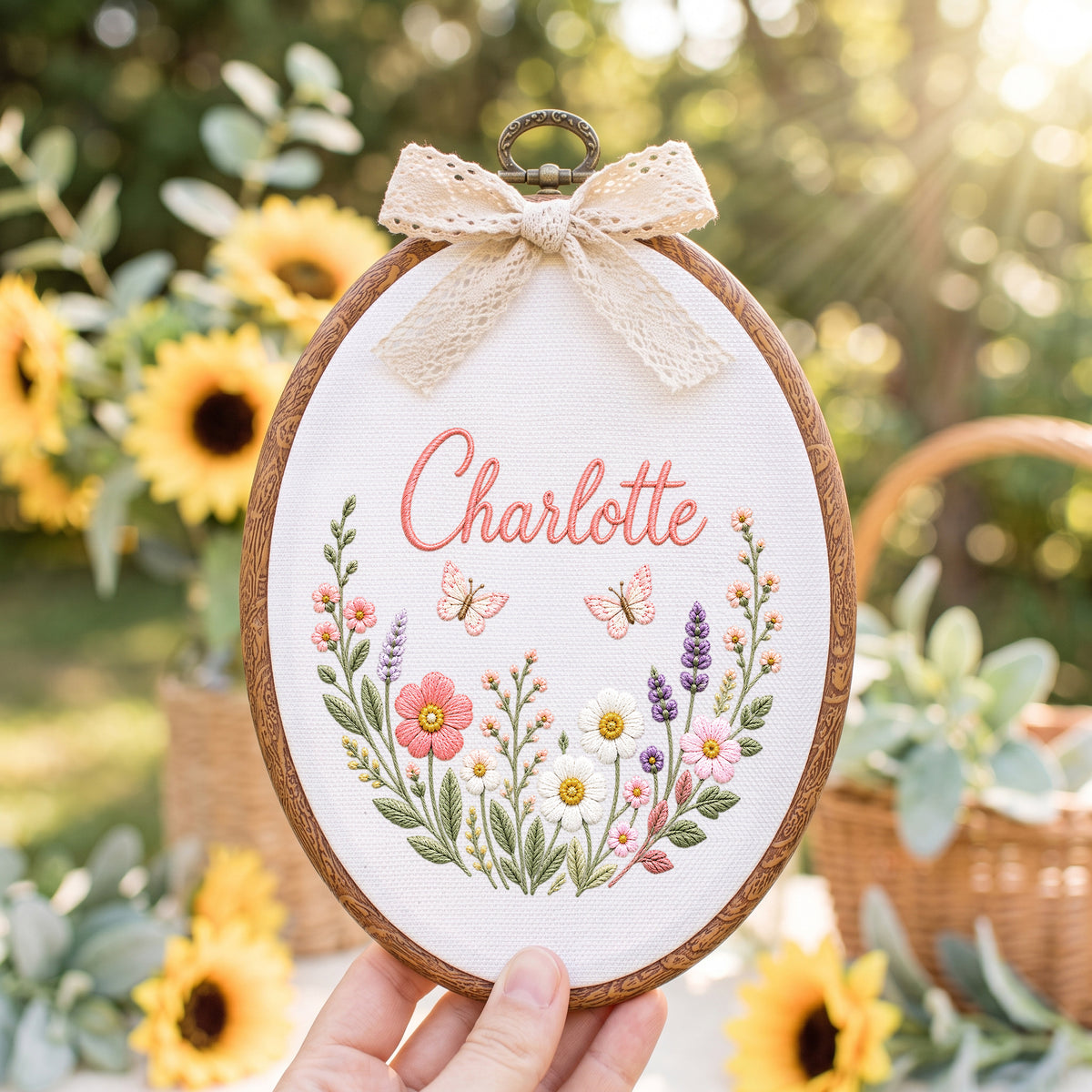 Personalized Sage Green Wildflowers Butterflies Embroidery Hoop Art Nursery Decor Keepsake
