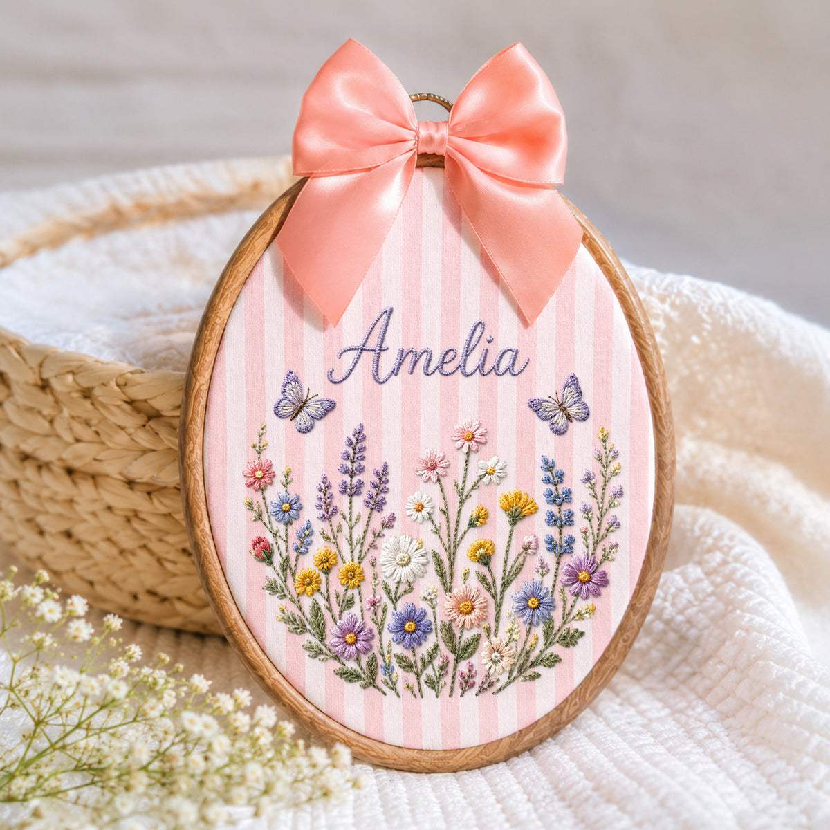 Personalized Baby Name Meadow Flowers Butterflies Embroidery Hoop Art Nursery Keepsake