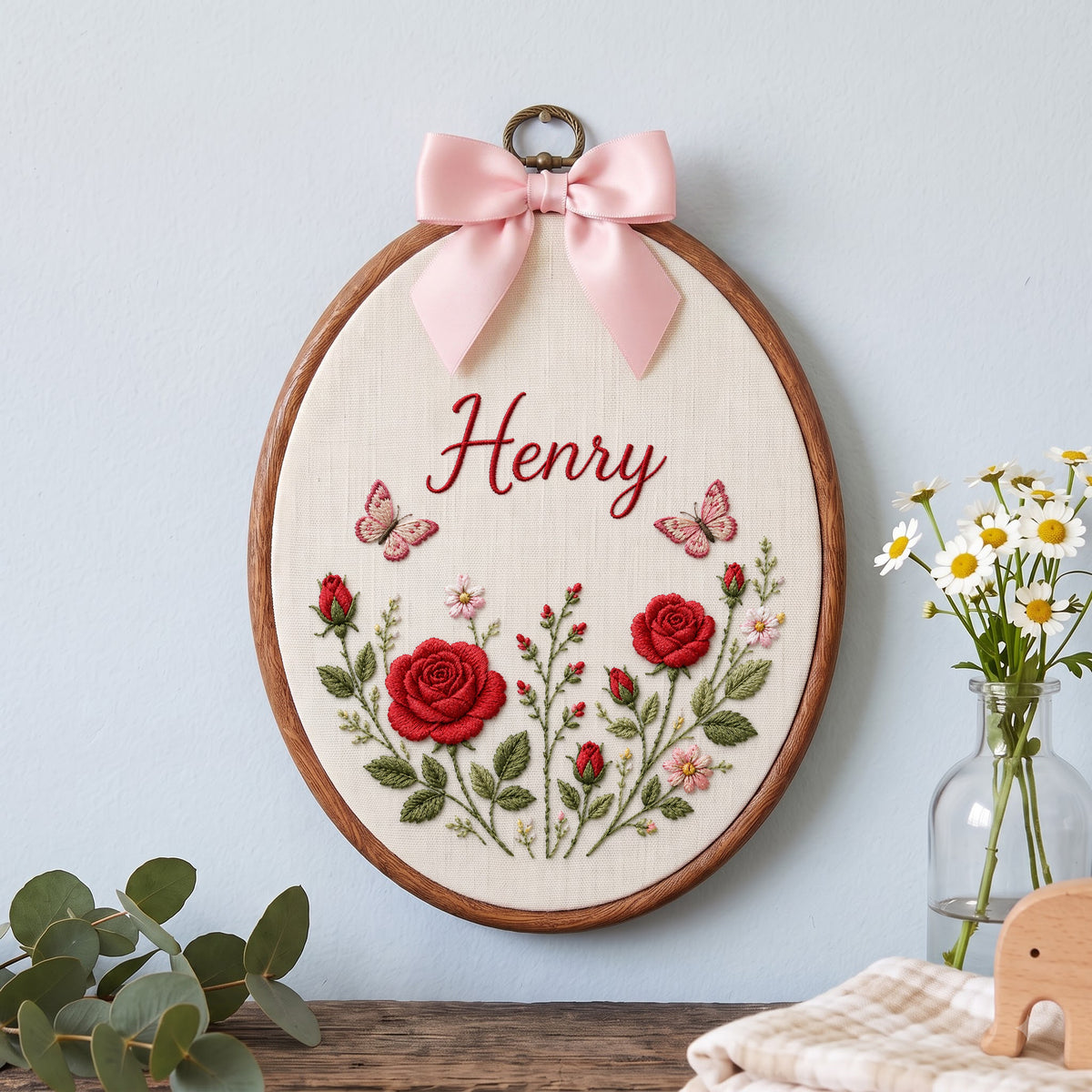 Personalized Baby Name Red Roses Butterflies Embroidery Hoop Art Nursery Decor Keepsake