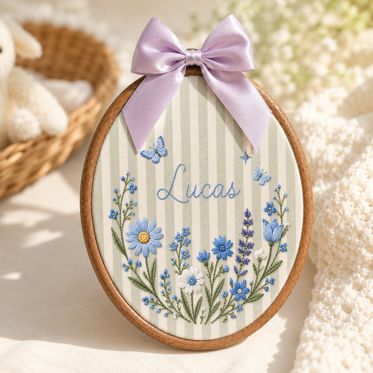 Personalized Baby Name Blue Floral Butterflies Embroidery Hoop Art Nursery Decor Keepsake