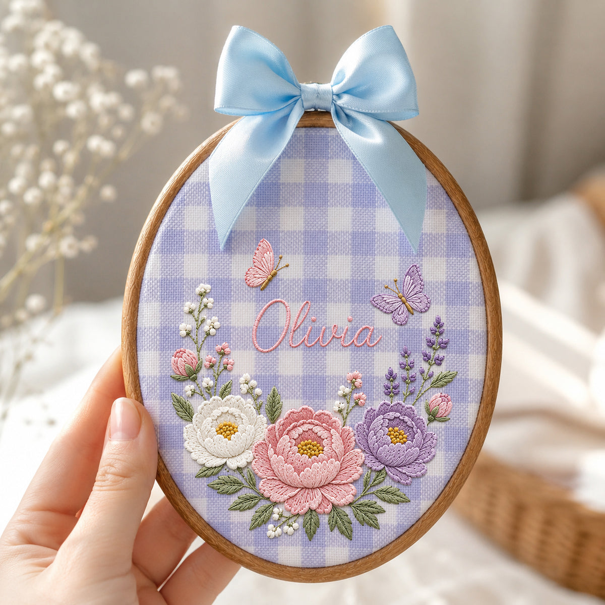 Personalized Baby Name Sage Green Floral Butterflies Embroidery Hoop Art Nursery Keepsake