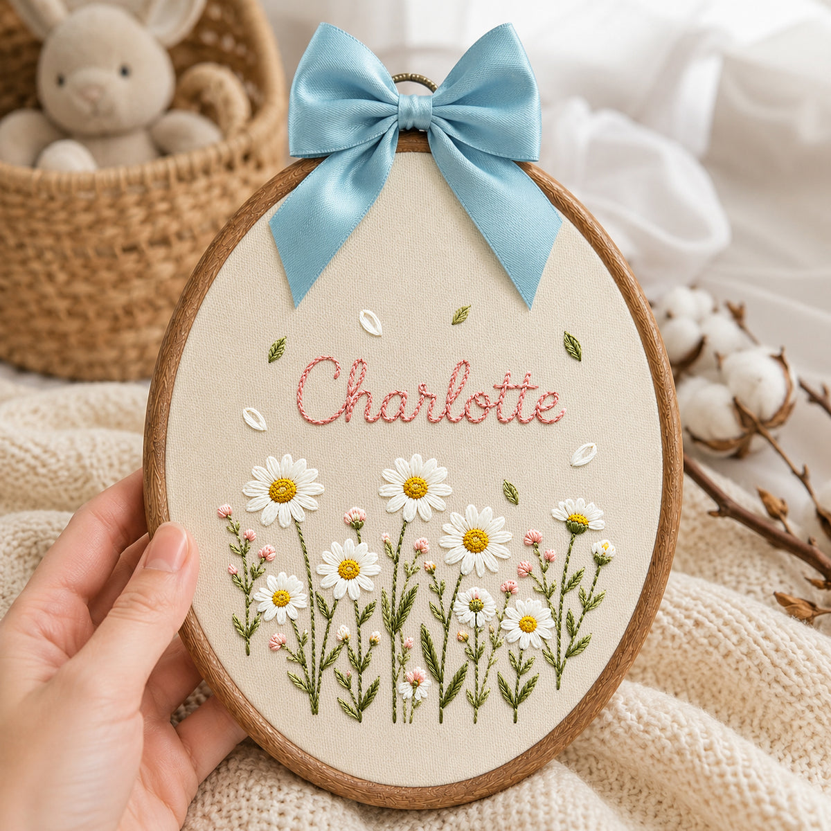Personalized Baby Name Blue Daisy Flowers Embroidery Hoop Art Nursery Decor Keepsake