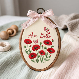 Personalized Baby Name Red Poppies Butterflies Embroidery Hoop Art Nursery Decor Keepsake