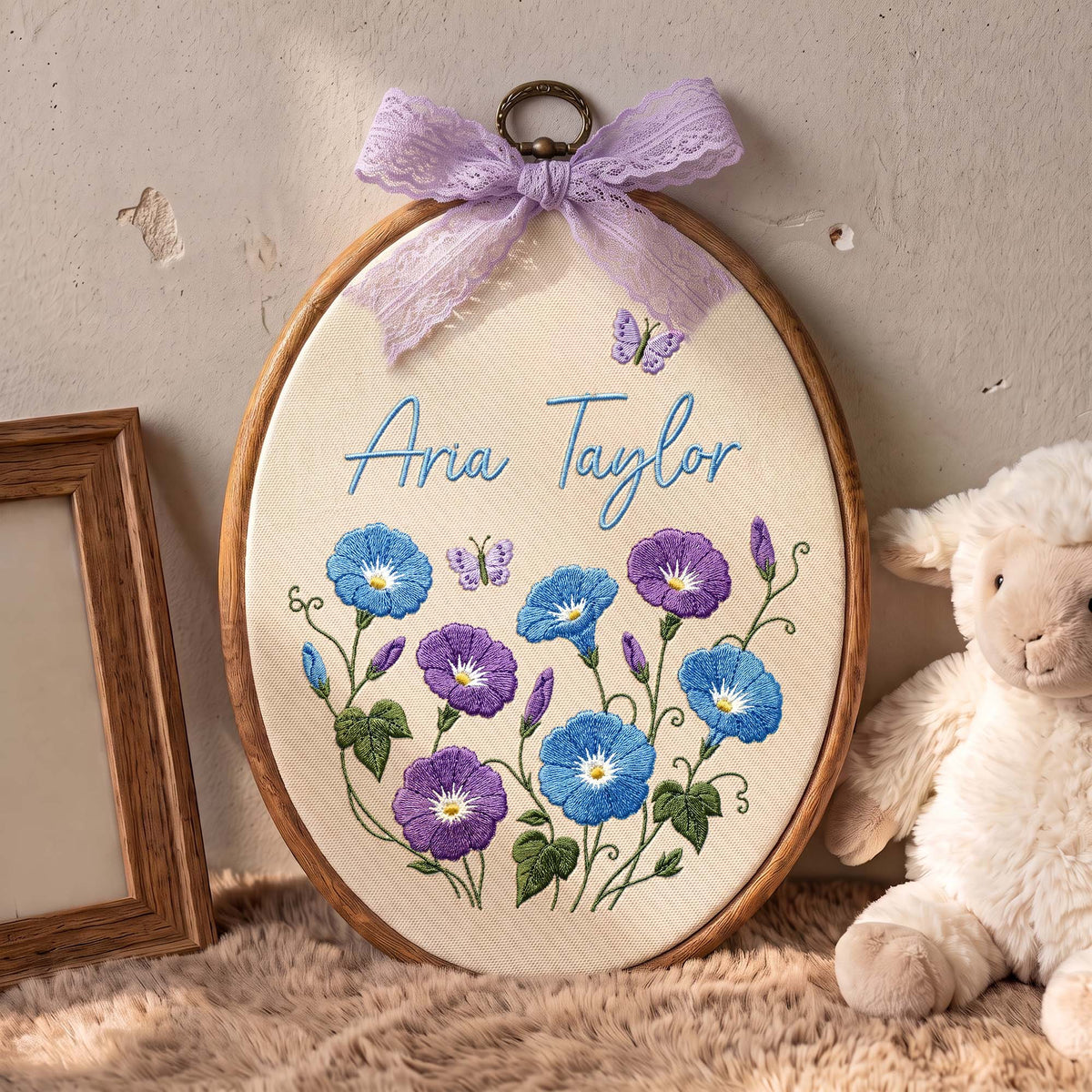 Custom Baby Name Morning Glory Butterflies Embroidery Hoop Art Nursery Decor Keepsake