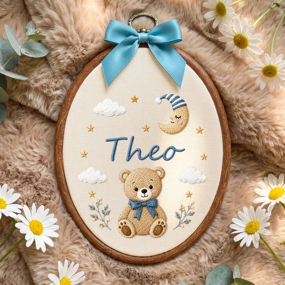 Purple Celestial Teddy Bear Moon Stars Embroidery Hoop Art Custom Nursery Keepsake