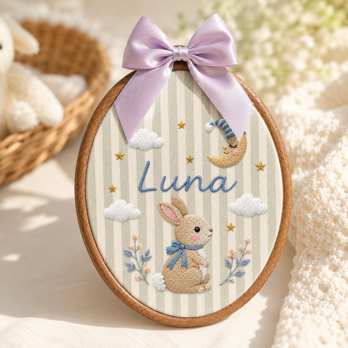 Custom Baby Name Celestial Bunny Moon Stars Embroidery Hoop Art Nursery Keepsake