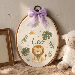 Personalized Baby Name Safari Lion Jungle Leaves Embroidery Hoop Art Nursery Keepsake