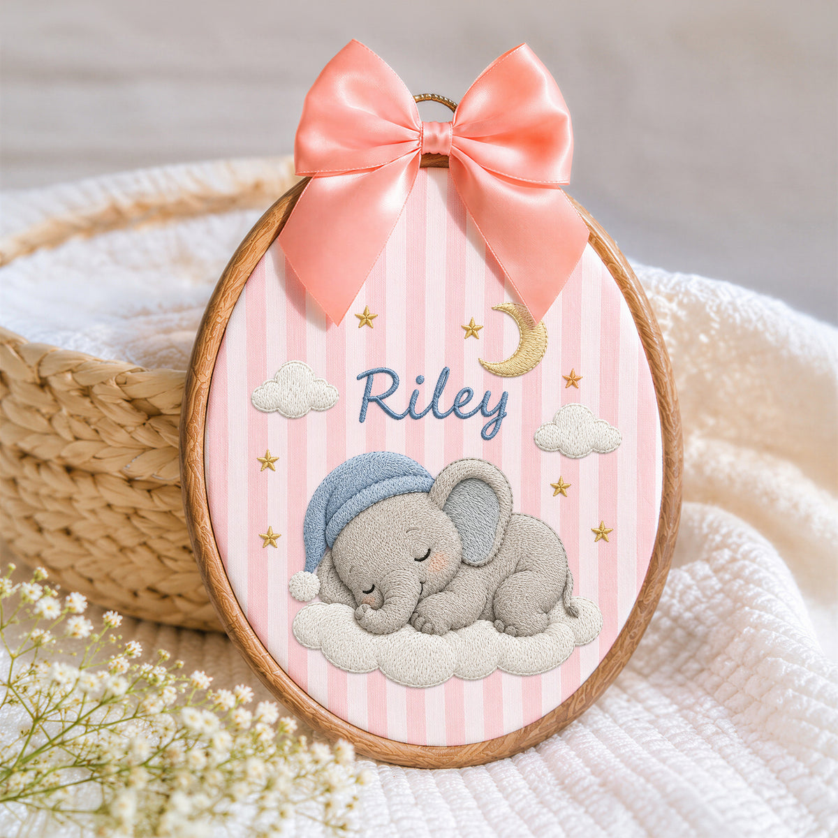 Custom Purple Gingham Elephant Sleepy Moon Stars Embroidery Hoop Art Nursery Keepsake
