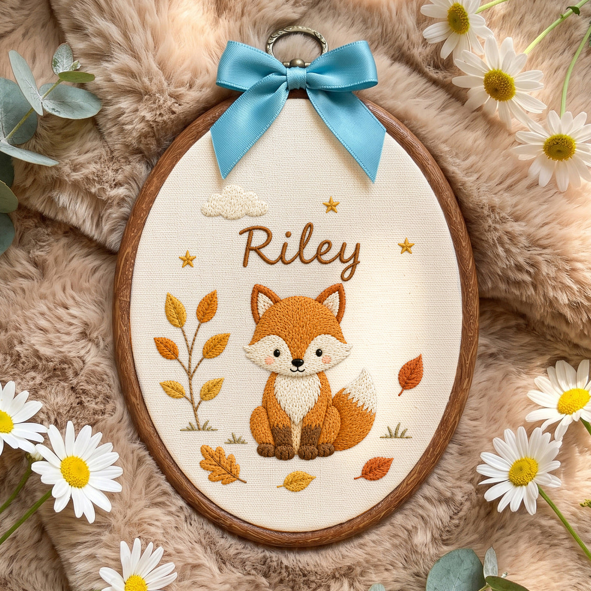 Personalized Purple Woodland Fox Autumn Leaves Embroidery Hoop Art Nursery Keepsake