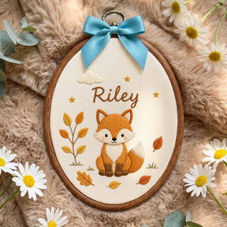 Personalized Purple Woodland Fox Autumn Leaves Embroidery Hoop Art Nursery Keepsake