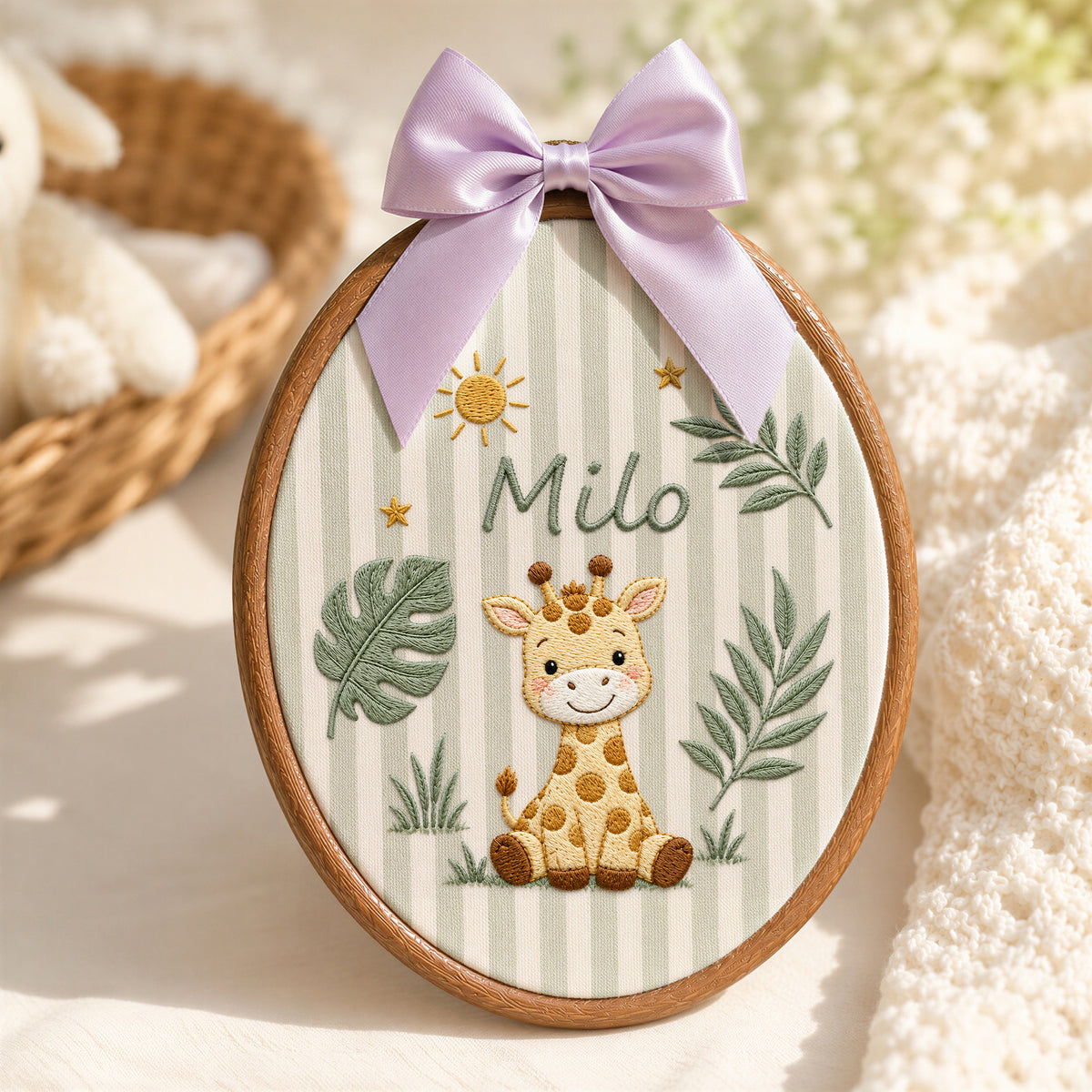 Custom Baby Name Safari Giraffe Jungle Leaves Embroidery Hoop Art Nursery Keepsake