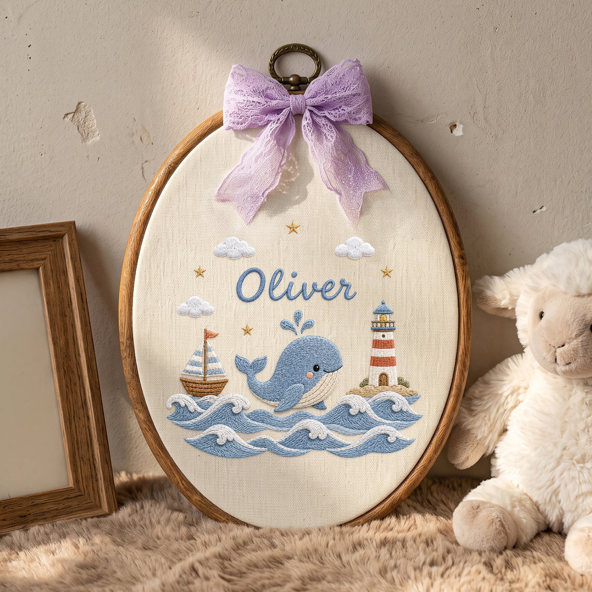 Personalized Baby Name Nautical Whale Lighthouse Sailboat Embroidery Hoop Art Keepsake