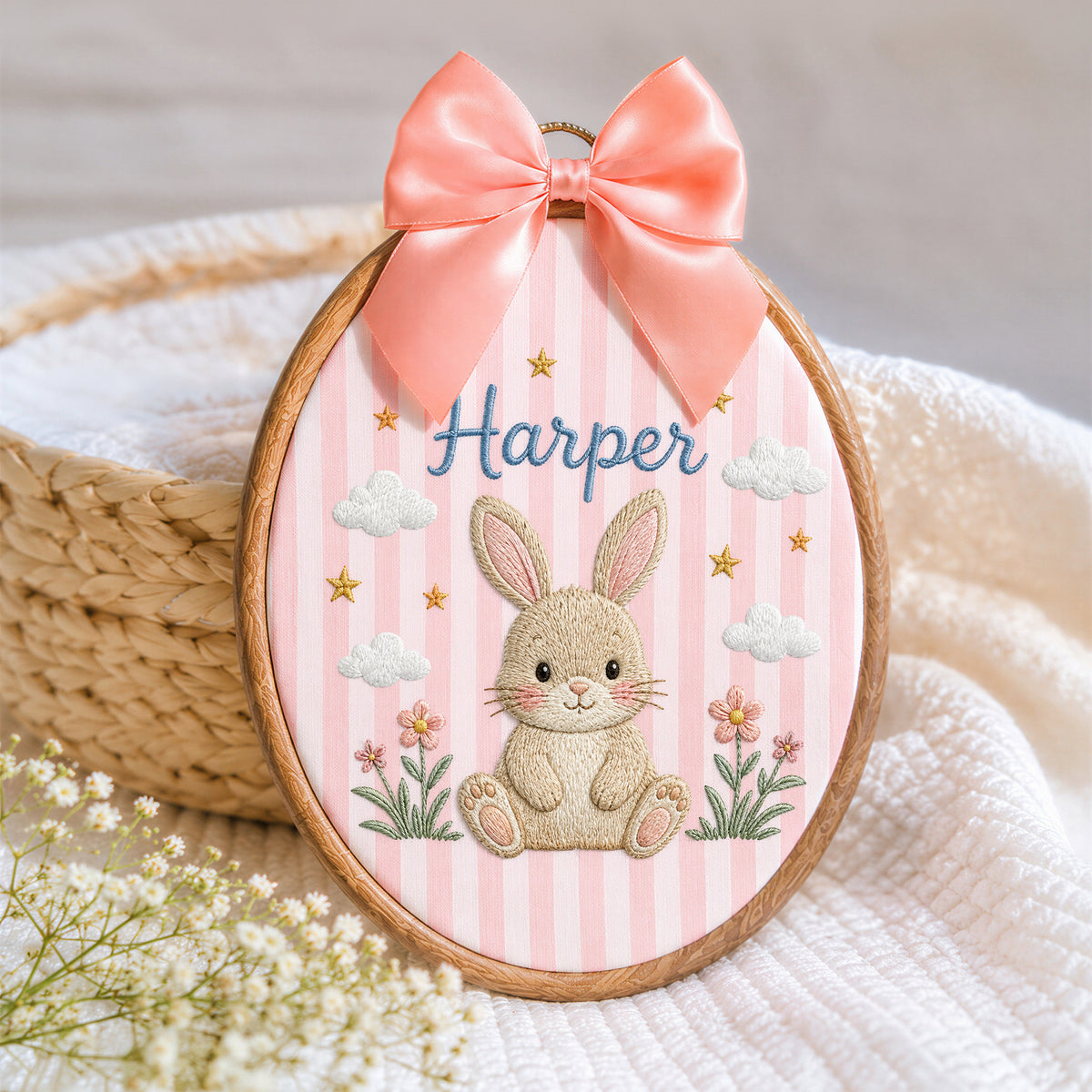 Personalized Baby Name Cute Bunny Flowers Embroidery Hoop Art Nursery Decor Keepsake