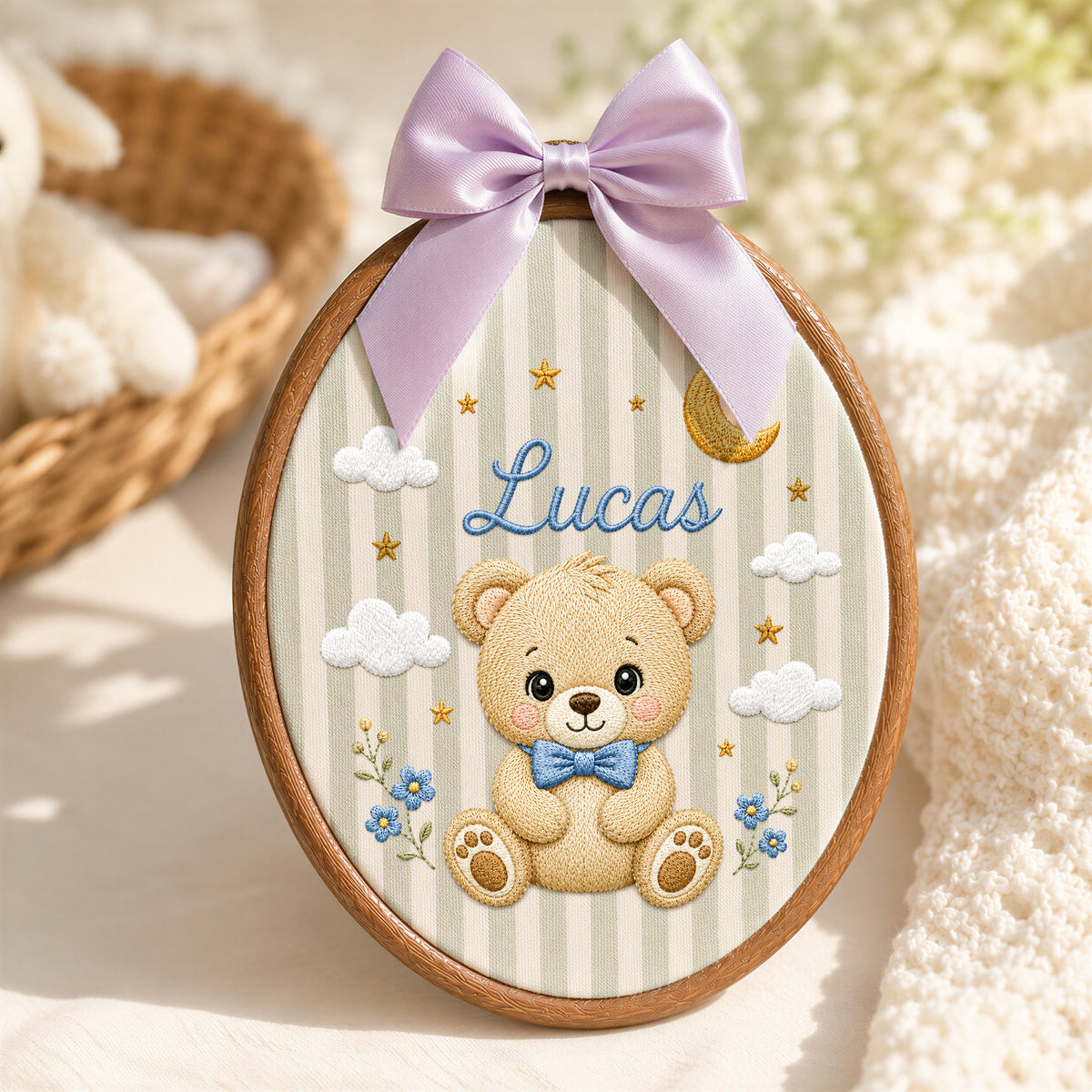 Custom Baby Name Celestial Teddy Bear Moon Stars Embroidery Hoop Art Nursery Keepsake