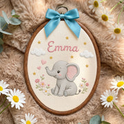 Personalized Purple Elephant Flowers Stars Embroidery Hoop Art Nursery Decor Keepsake