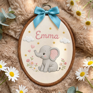 Personalized Purple Elephant Flowers Stars Embroidery Hoop Art Nursery Decor Keepsake