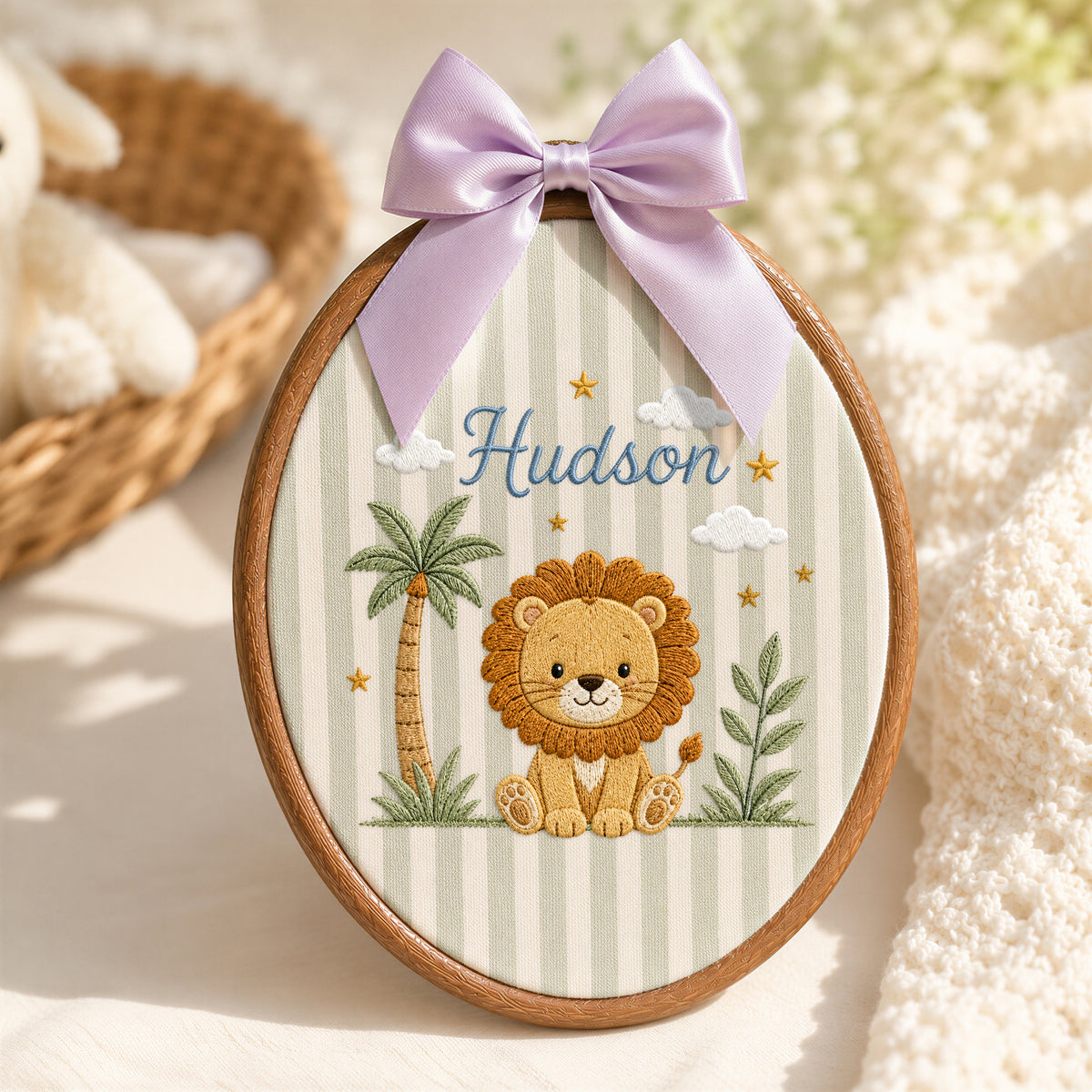 Personalized Baby Name Safari Lion Palm Tree Embroidery Hoop Art Nursery Decor Keepsake