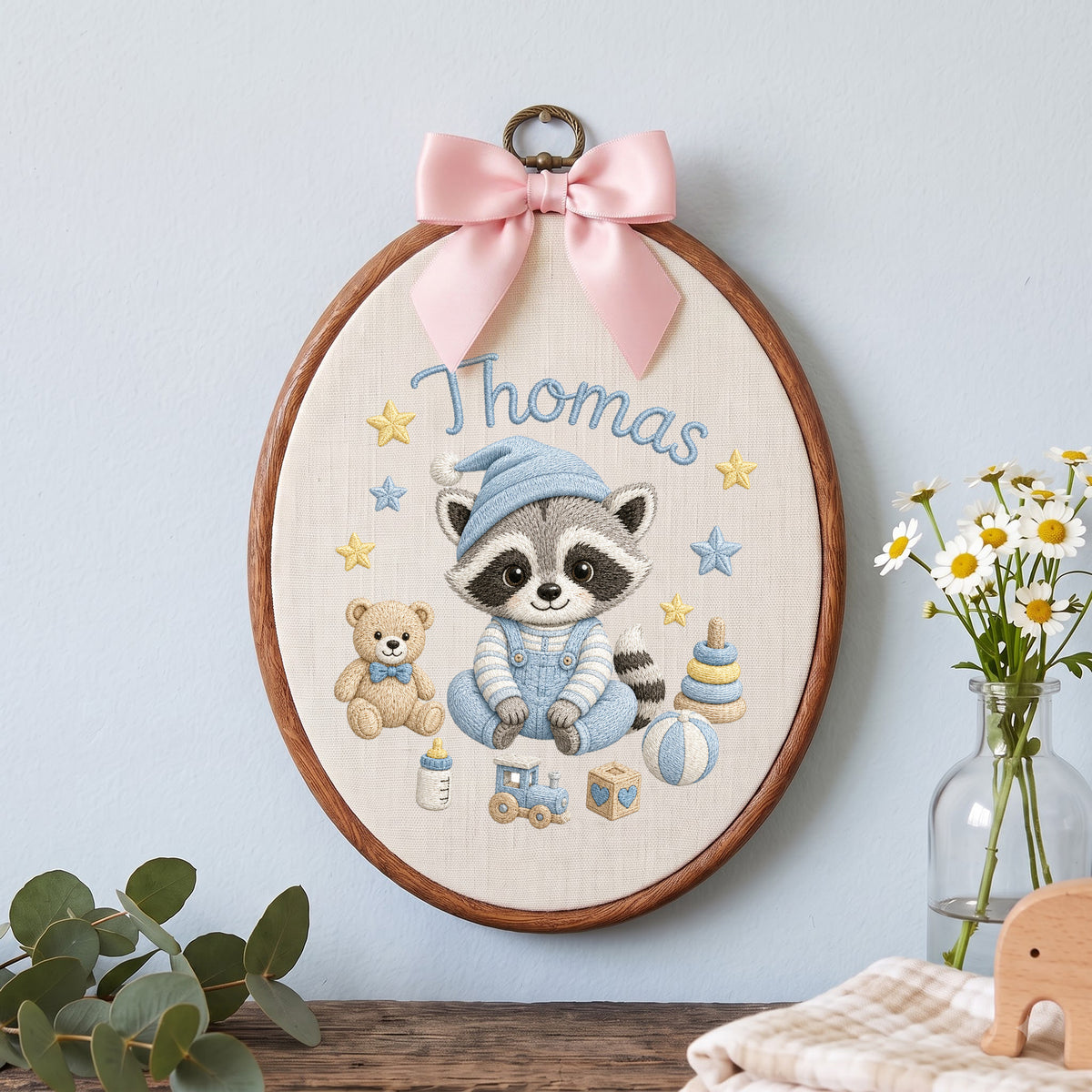 Personalized Baby Name Raccoon Toy Stack Stars Embroidery Hoop Art Nursery Decor Keepsake