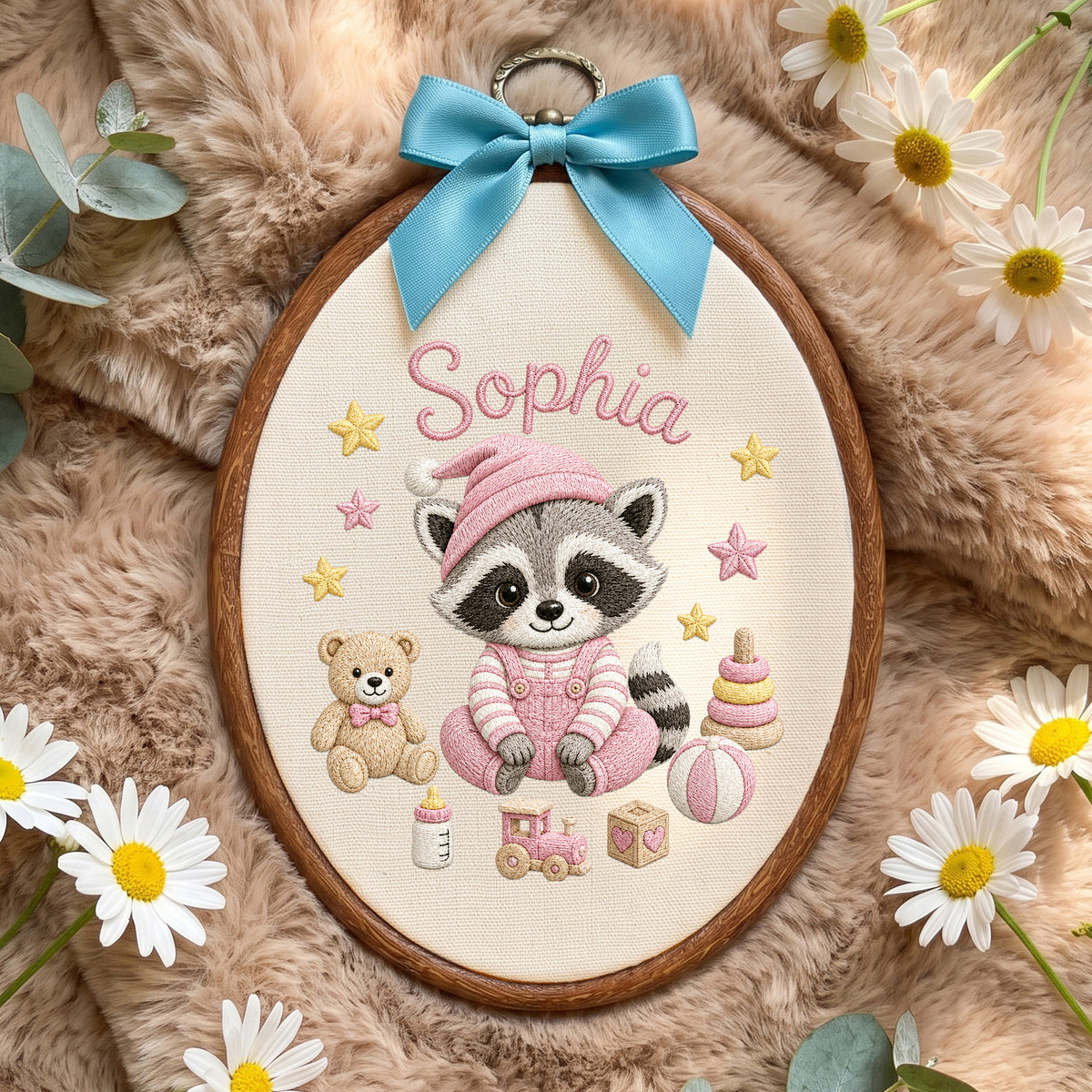 Personalized Purple Raccoon Toys Stars Embroidery Hoop Art Nursery Decor Keepsake