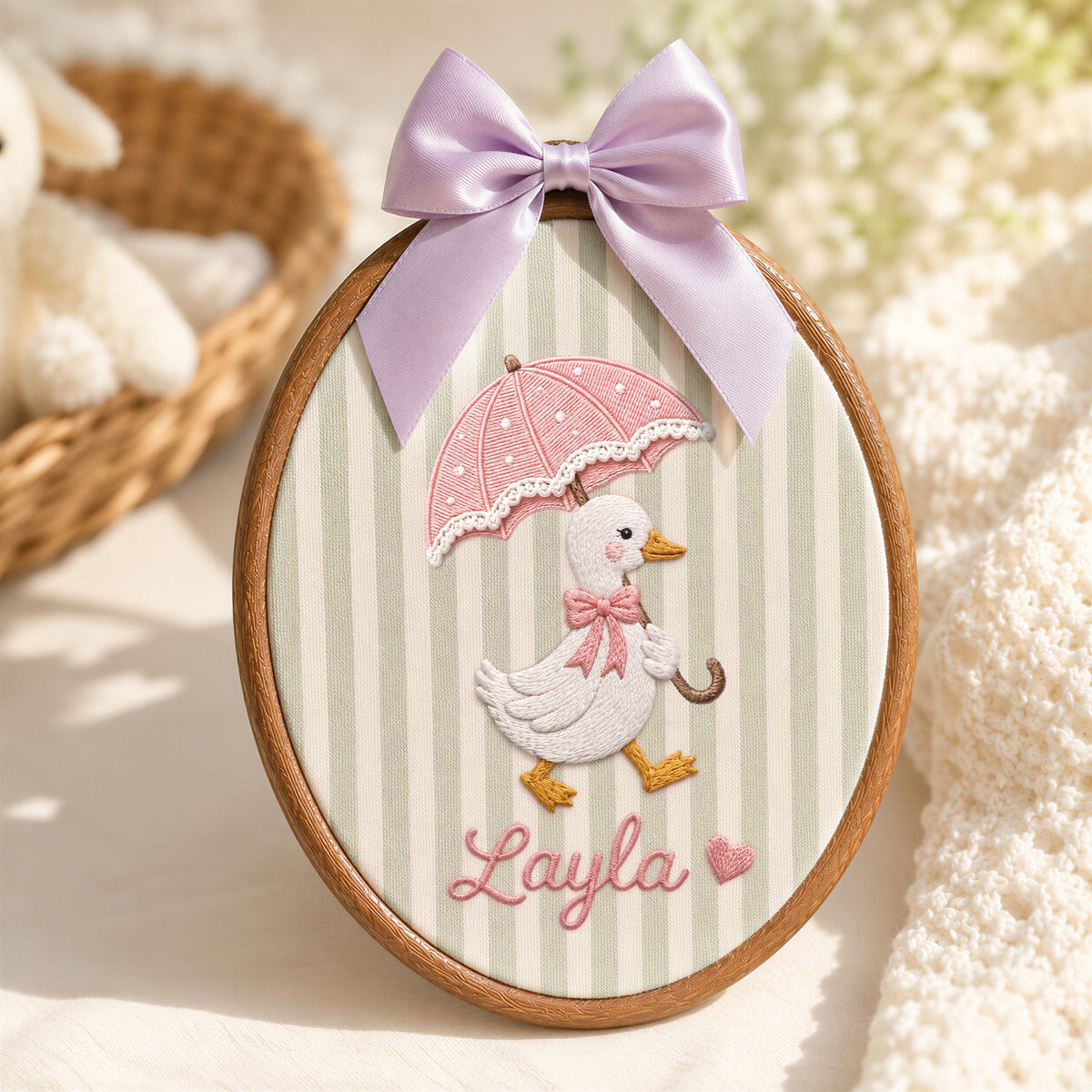 Personalized Baby Name Cute Duck Umbrella Heart Embroidery Hoop Art Nursery Decor Keepsake