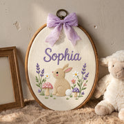 Custom Baby Name Bunny Mushrooms Lavender Flowers Embroidery Hoop Art Nursery Keepsake